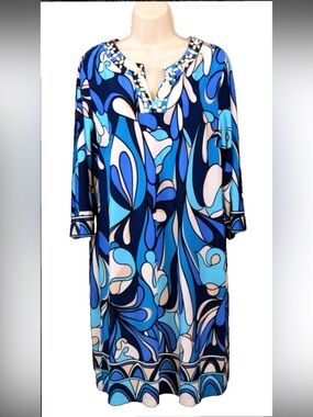 🩵CHICO’S🩵 60’S PSYCHEDELIC BEADED NECK LINE 3/4 SLEEVE SHIFT DRESS